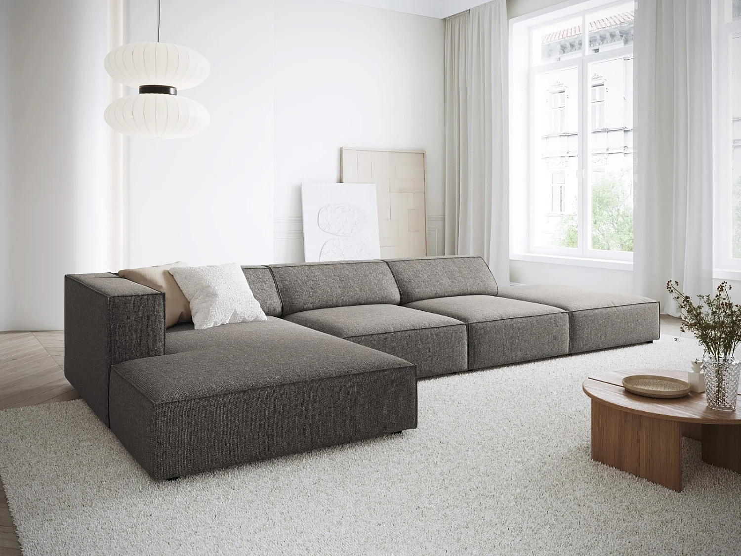 Cosmopolitan Design - 5-Sitzer Ecksofa links "Arendal" aus Chenille-Stoff grau - 341x166x70cm