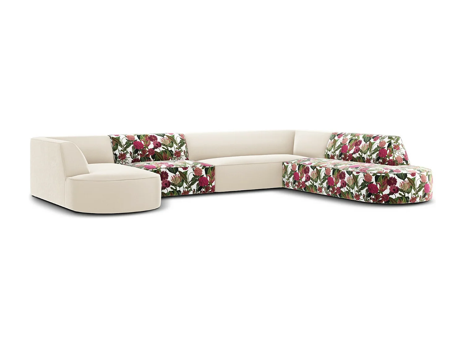 CXL by Christian Lacroix - Canapé d'angle droit panoramique "Charles" 7 places en velours motif de rose de jardin,beige - 366x273x69cm