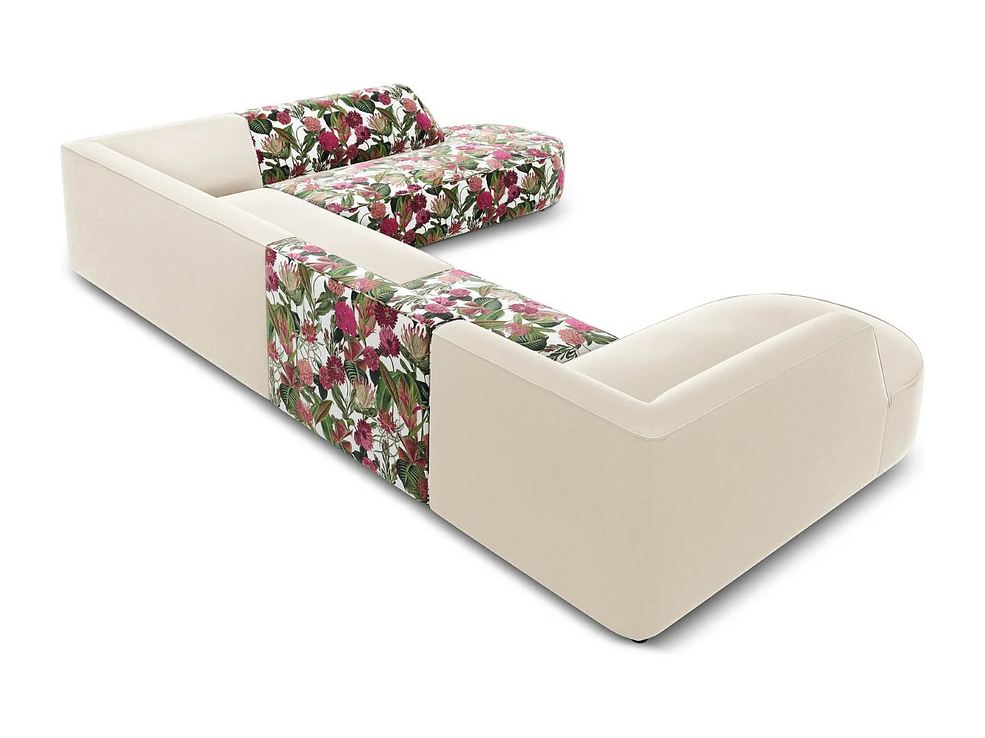 CXL by Christian Lacroix - Canapé d'angle droit panoramique "Charles" 7 places en velours motif de rose de jardin,beige - 366x273x69cm