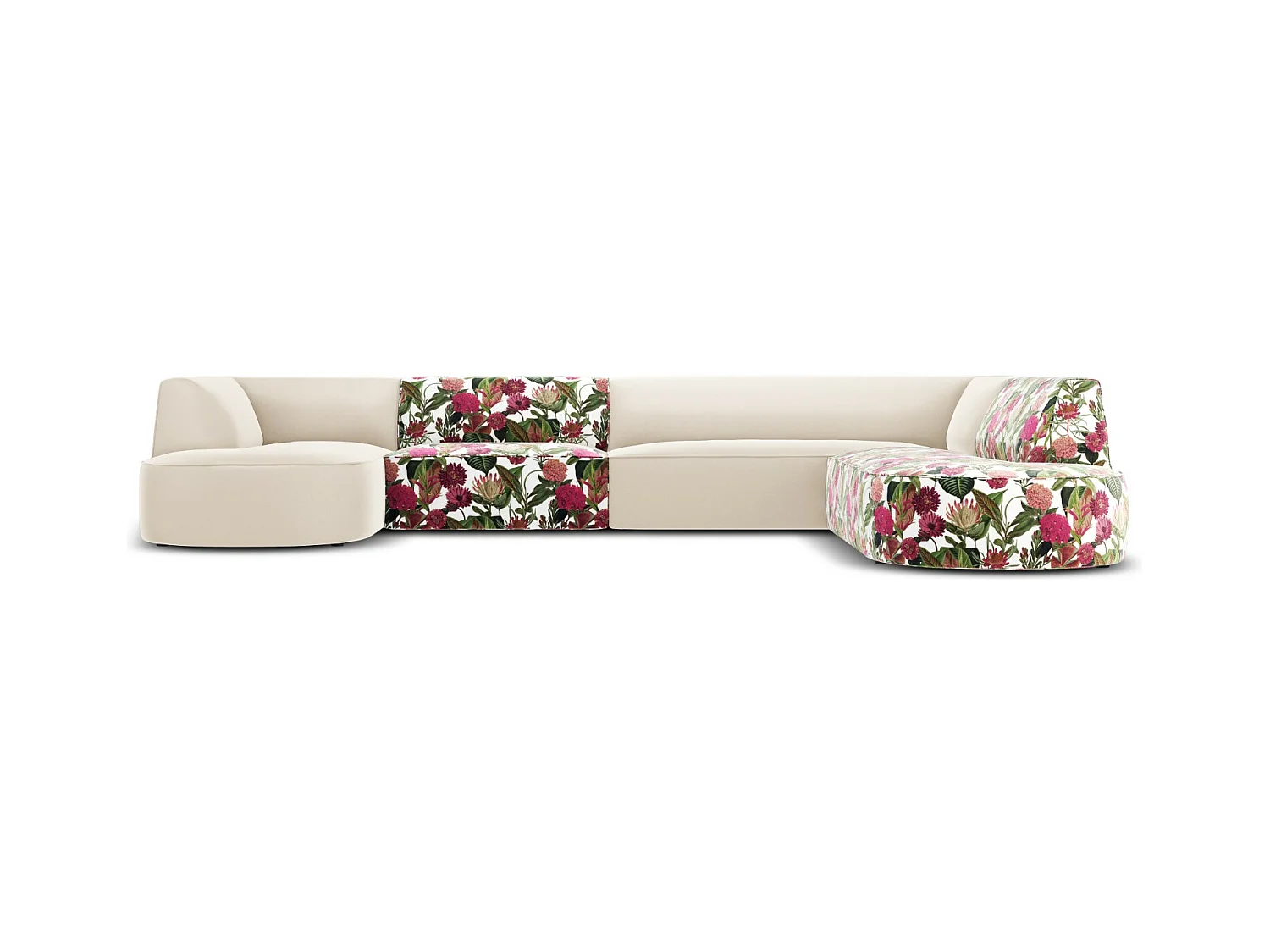 CXL by Christian Lacroix - Canapé d'angle droit panoramique "Charles" 7 places en velours motif de rose de jardin,beige - 366x273x69cm