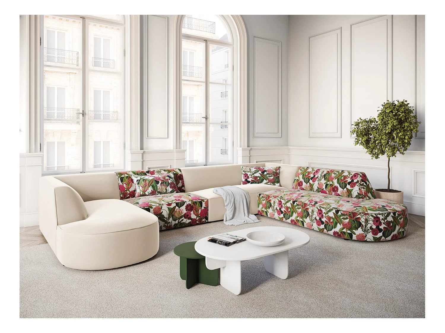 CXL by Christian Lacroix - Panoramische hoekbank rechts "Charles" 7 zitplaatsen, Flueel, tuinrozenpatroon, beige - 366x273x69cm