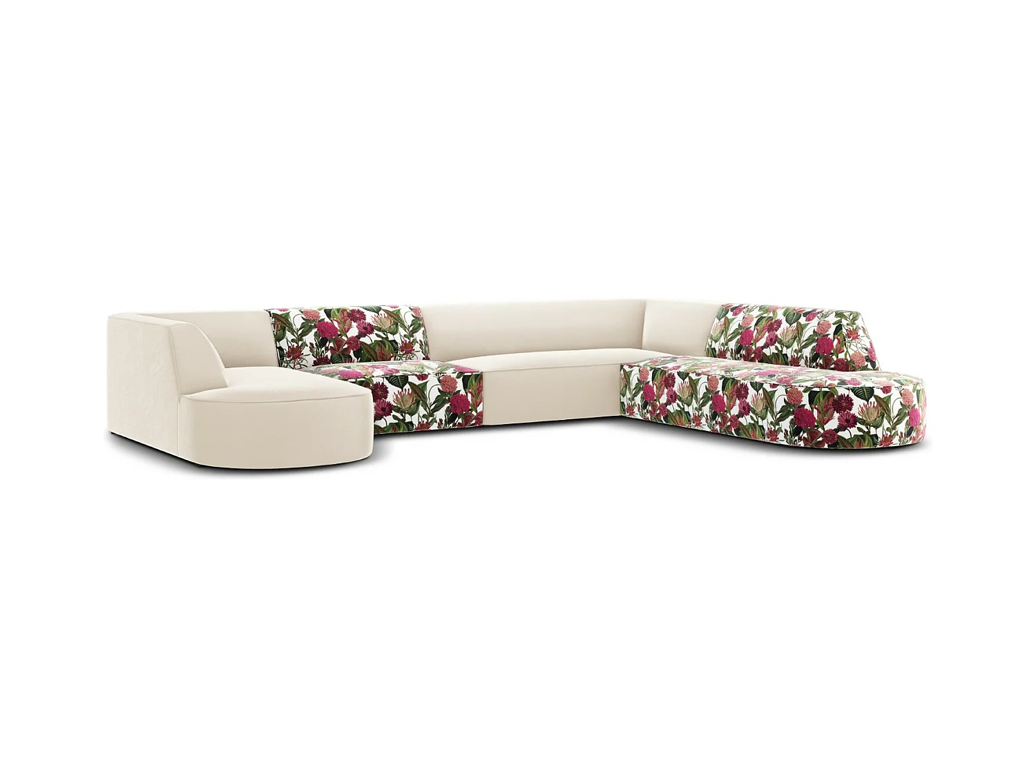 CXL by Christian Lacroix - Panoramische hoekbank rechts "Charles" 7 zitplaatsen, Flueel, tuinrozenpatroon, beige - 366x273x69cm