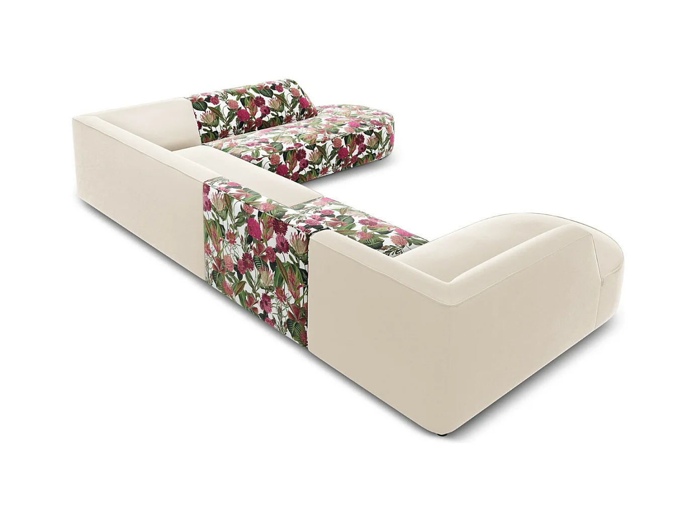 CXL by Christian Lacroix - Panoramische hoekbank rechts "Charles" 7 zitplaatsen, Flueel, tuinrozenpatroon, beige - 366x273x69cm