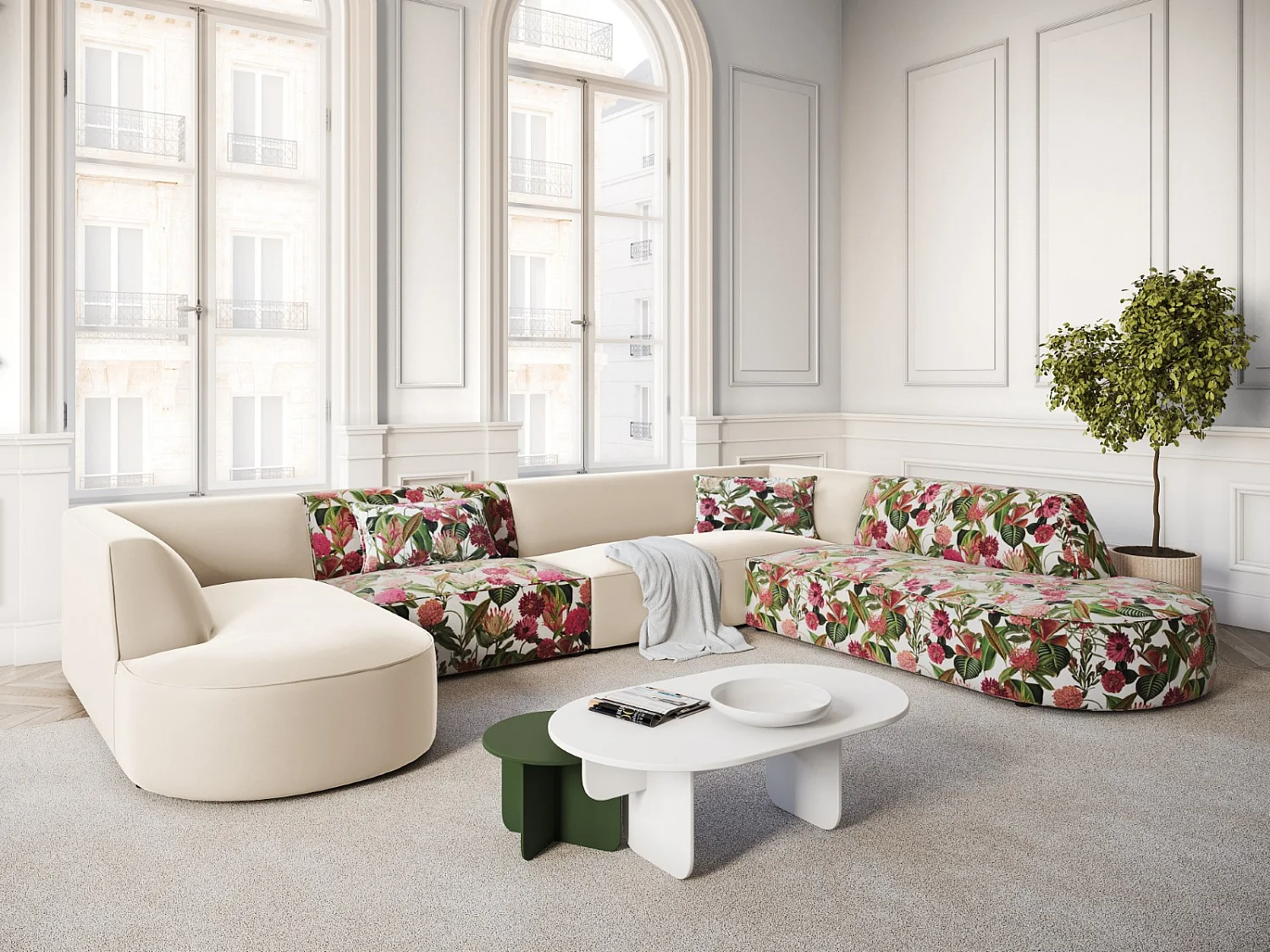 CXL by Christian Lacroix - Panoramische hoekbank rechts "Charles" 7 zitplaatsen, Flueel, tuinrozenpatroon, beige - 366x273x69cm