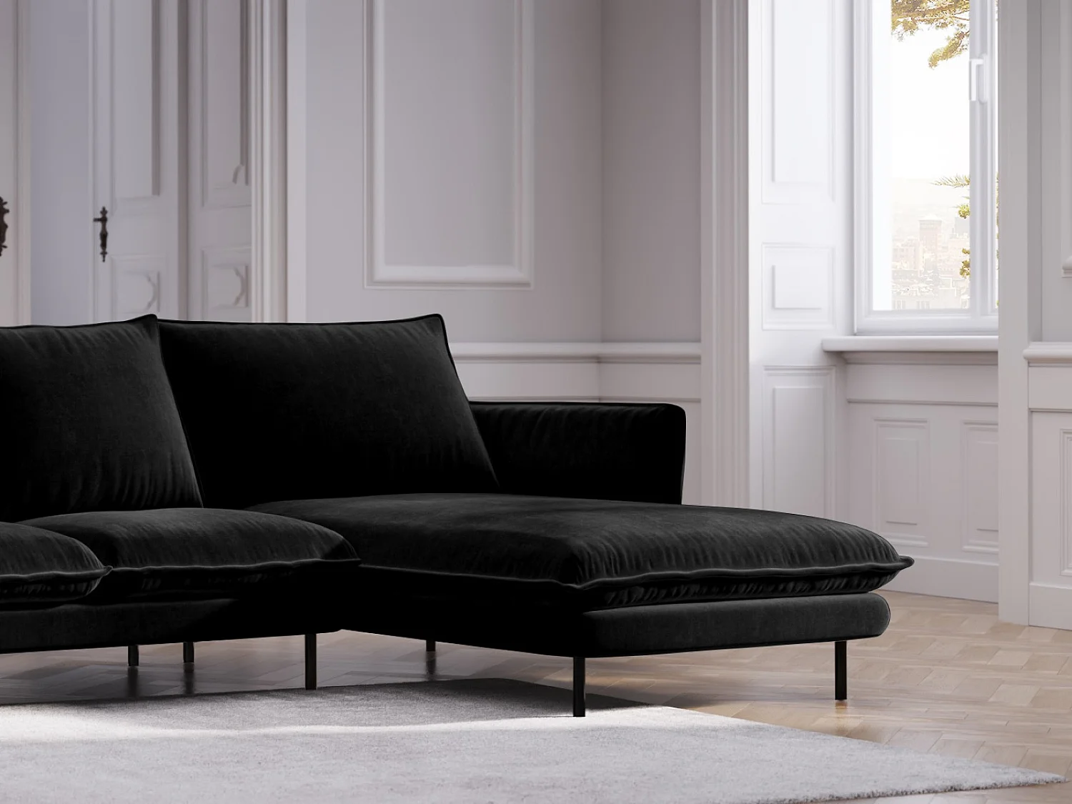 Cosmopolitan Design - Canapé d'angle droit "Vienna" 5 places en velours noir - 255x170x95cm