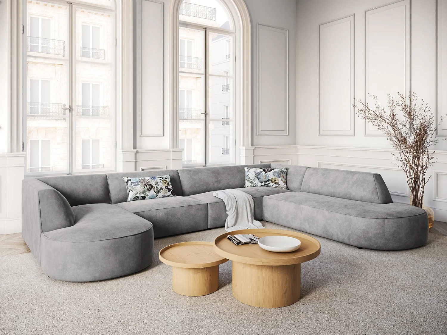 CXL by Christian Lacroix - Sofá de canto direito panorâmico "Charles" 7 lugares em veludo cinza claro - 366x273x69cm