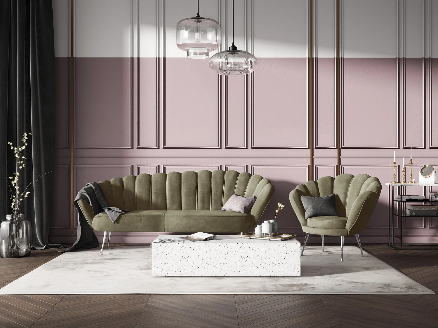 Cosmopolitan Design - Canapé "Kingston" 3 places en velours vert - 224x95x85cm