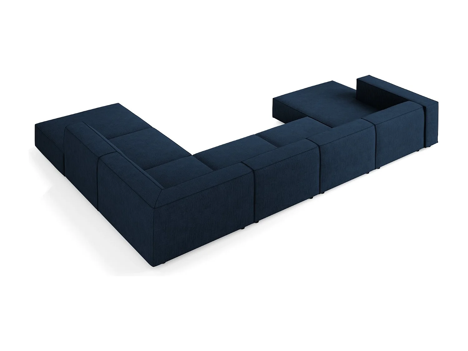 Cosmopolitan Design - Sofá de canto direito panorâmico "Arendal" 7 lugares em tecido chenille com efeito canelado azul real - 364x262x70cm