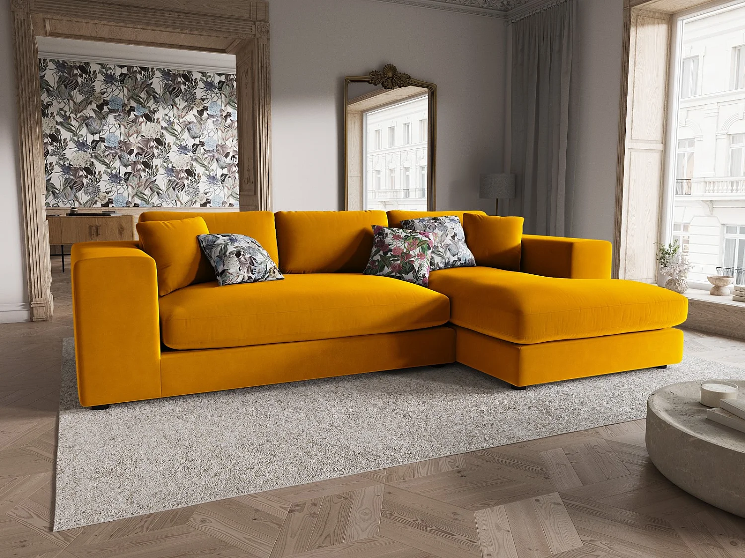 CXL by Christian Lacroix - 5-Sitzer Ecksofa rechts "Tendance" Sitzer aus Samt gold - 282x174x72cm