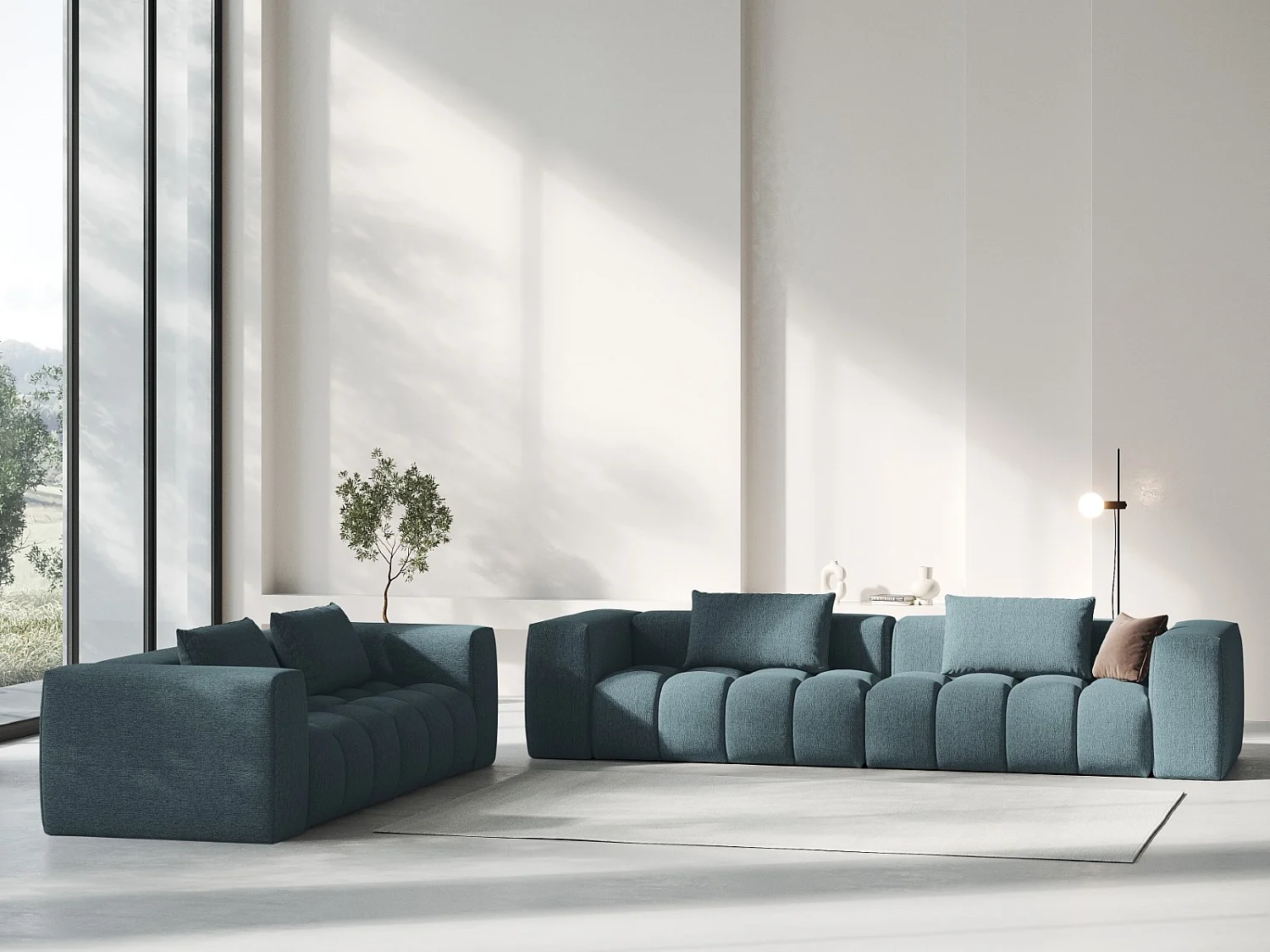 CXL by Christian Lacroix - Divano modulare "Lorella" 5 posti in tessuto strutturato azzurro - 290x85x70cm