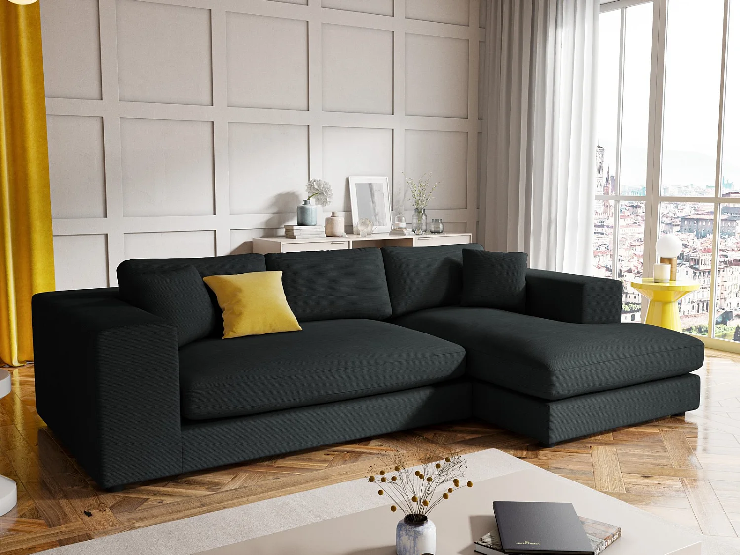 CXL by Christian Lacroix - Sofá de canto direito "Tendance" 5 lugares em veludo cotelê preto - 282x174x72cm