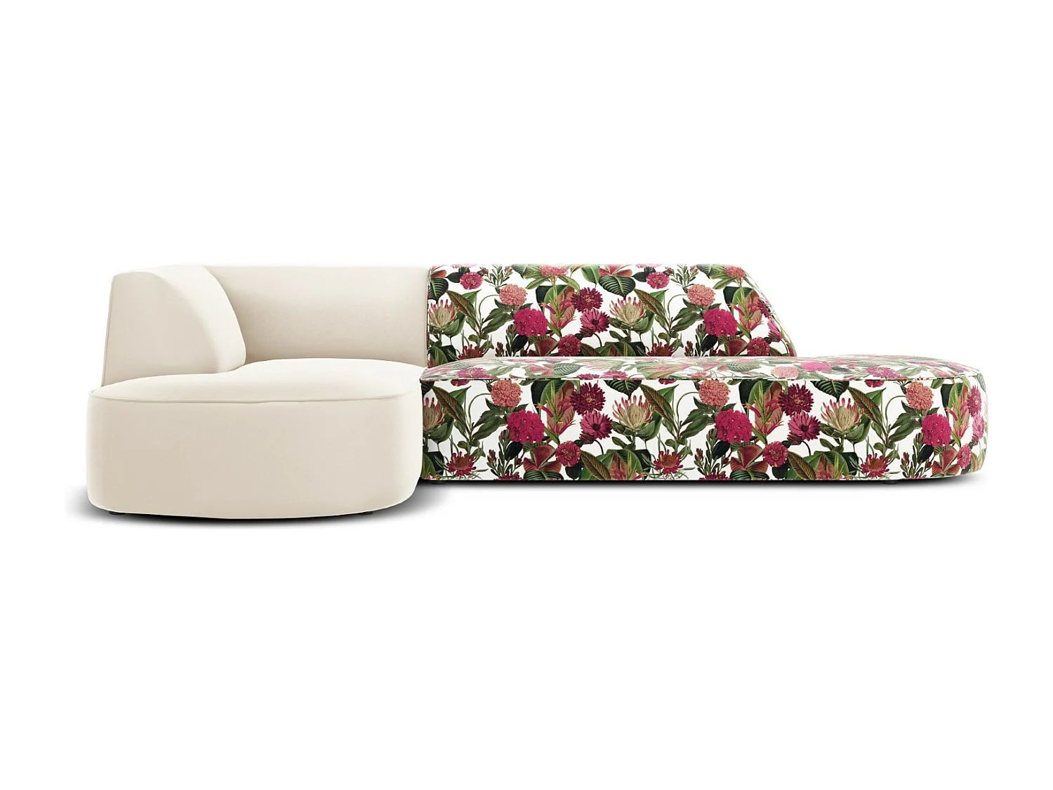 CXL by Christian Lacroix - Canapé d'angle gauche "Charles" 4 places en velours motif de rose de jardin,beige - 273x180x69cm