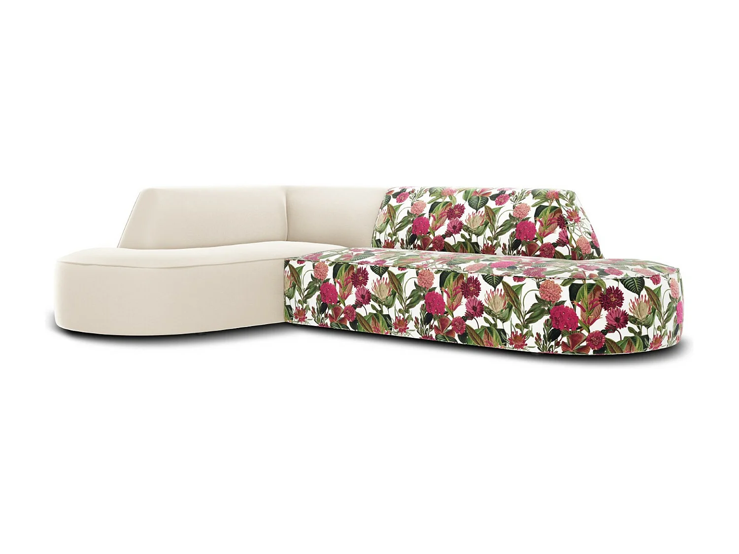 CXL by Christian Lacroix - Canapé d'angle gauche "Charles" 4 places en velours motif de rose de jardin,beige - 273x180x69cm