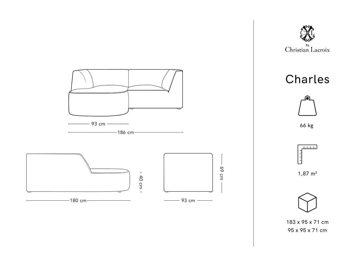 CXL by Christian Lacroix - Canapé d'angle gauche "Charles" 3 places en velours noir - 186x180x69cm
