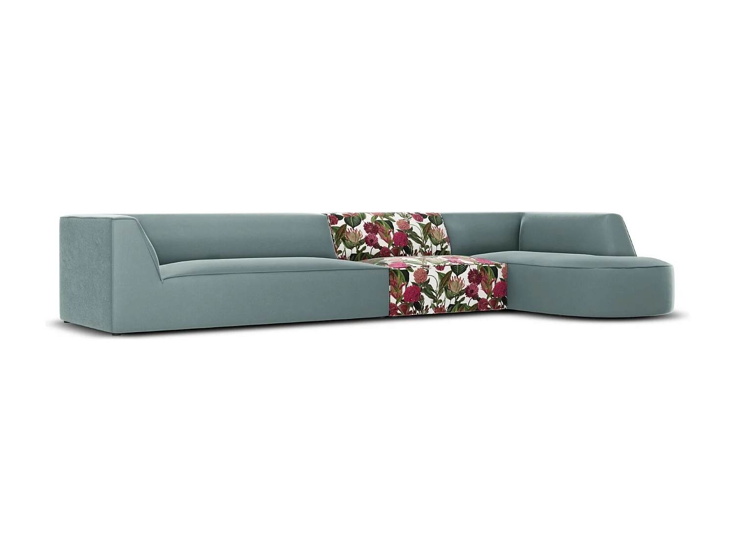 CXL by Christian Lacroix - Canapé d'angle droit "Charles" 5 places en velours motif de rose de jardin,menthe - 366x180x69cm
