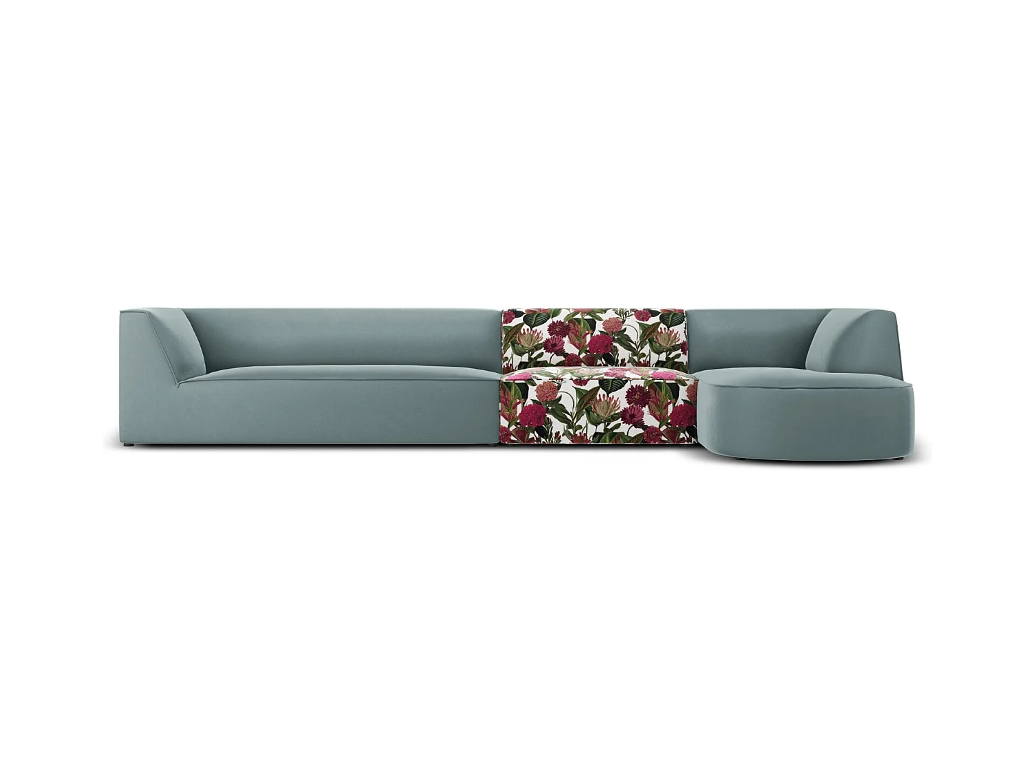CXL by Christian Lacroix - Canapé d'angle droit "Charles" 5 places en velours motif de rose de jardin,menthe - 366x180x69cm