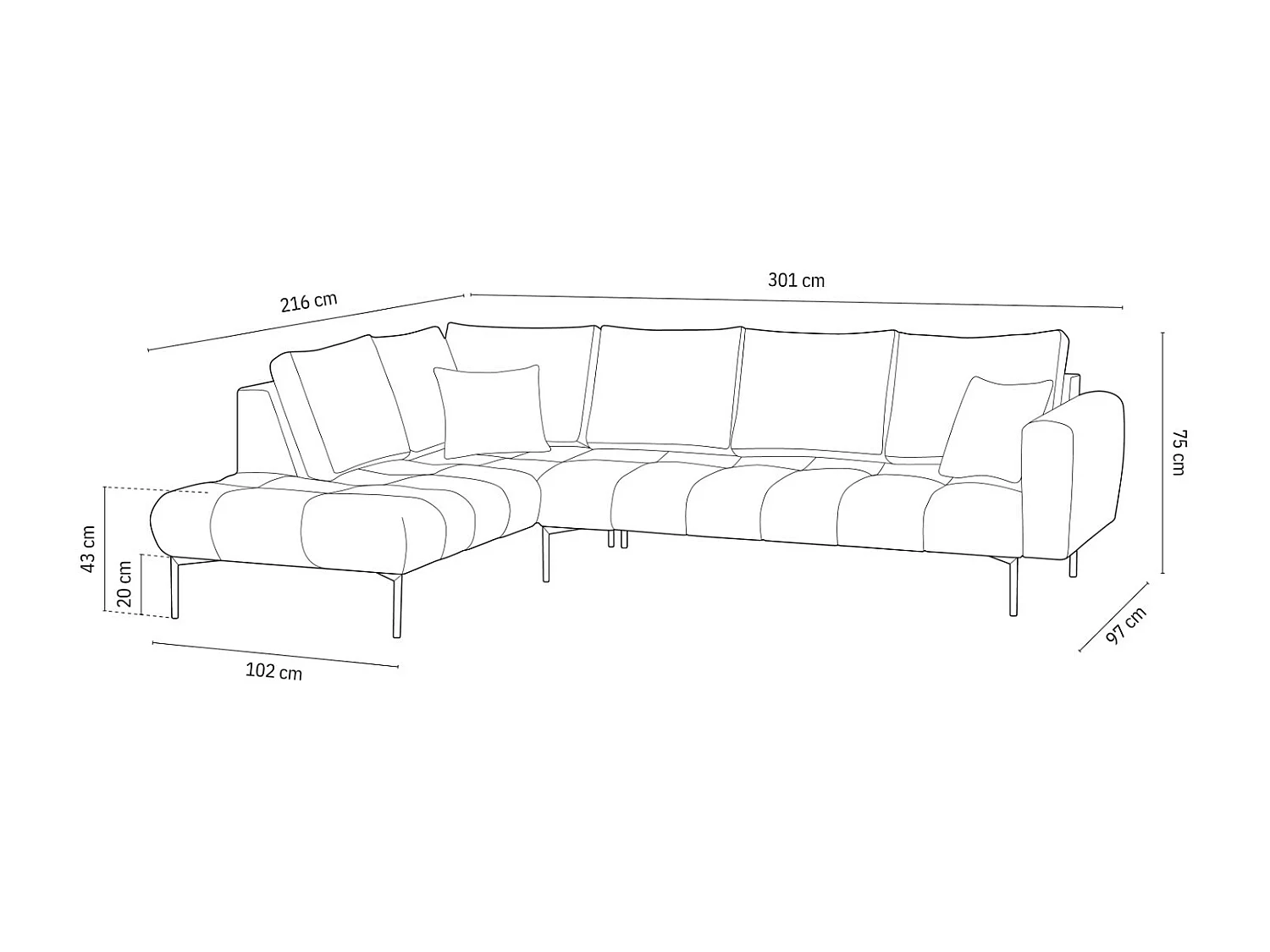Cosmopolitan Design - Sofá de canto esquerdo "Hastings" 5 lugares em veludo verde garrafa - 301x216x75cm