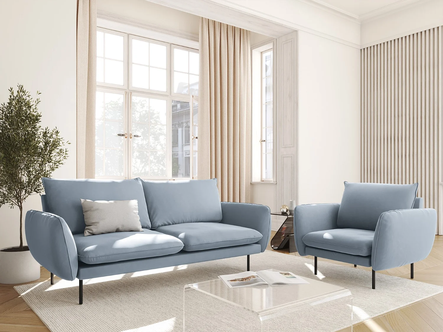 Cosmopolitan Design - 2-Sitzer Sofa "Vienna" aus Samt hellblau - 160x92x95cm