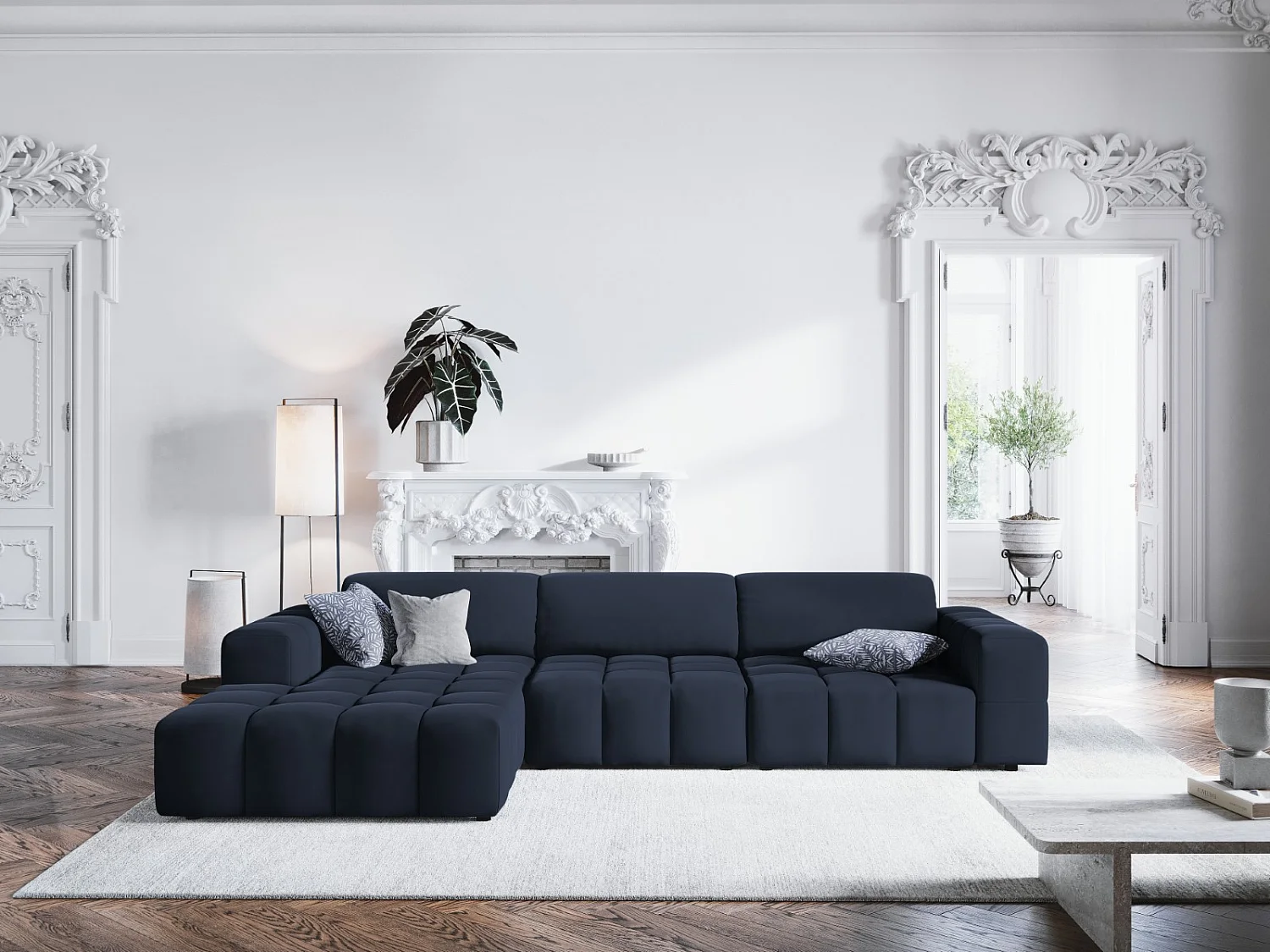 CXL by Christian Lacroix - Sofá esquinero izquierdo "Luc" 4 plazas de terciopelo azul oscuro - 284x166x70cm