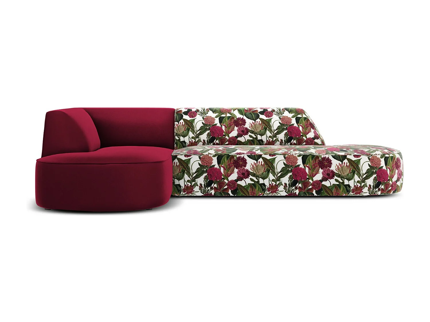 CXL by Christian Lacroix - Canapé d'angle gauche "Charles" 4 places en velours motif de rose de jardin,rouge - 273x180x69cm