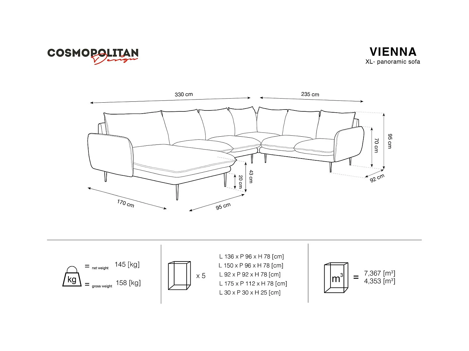 Cosmopolitan Design - Canapé d'angle droit panoramique "Vienna" 7 places en velours gris clair - 330x235x95cm