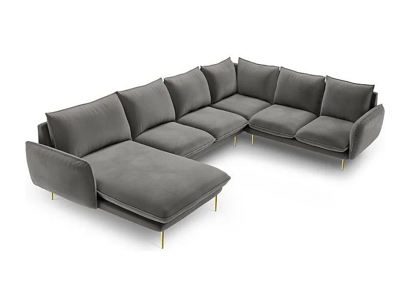 Cosmopolitan Design - Sofá de canto direito panorâmico "Vienna" 7 lugares em veludo cinza claro - 330x235x95cm