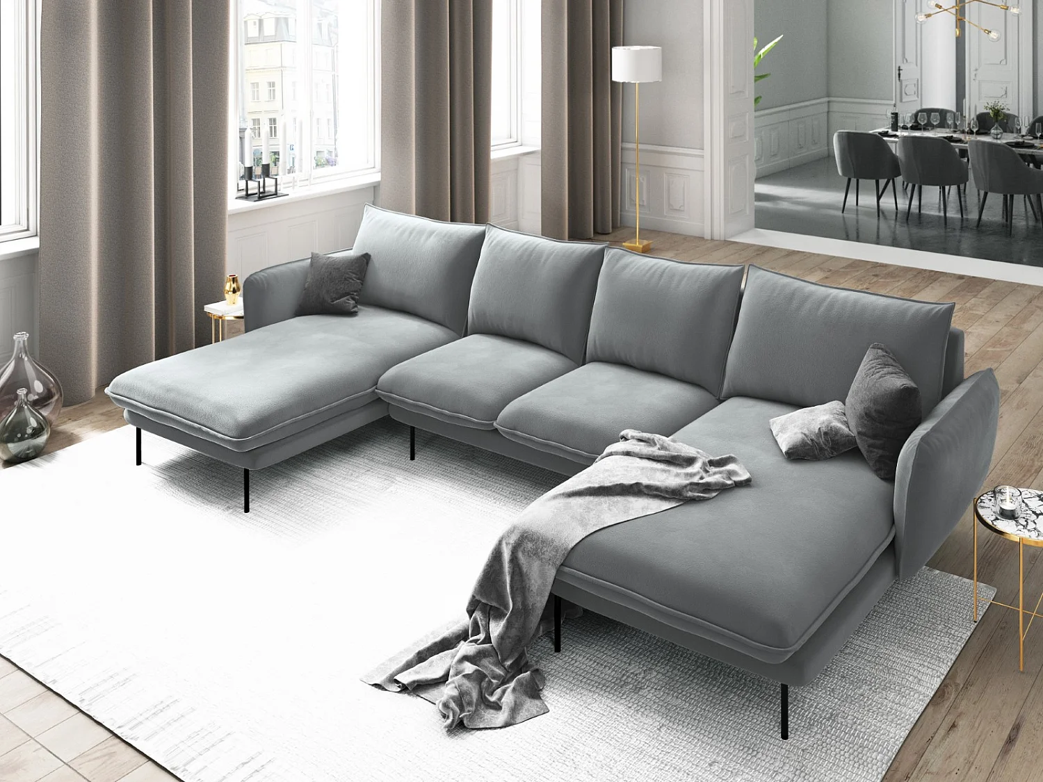 Cosmopolitan Design - 6-Sitzer Panoramasofa "Vienna" aus Samt hellgrau - 350x170x95cm