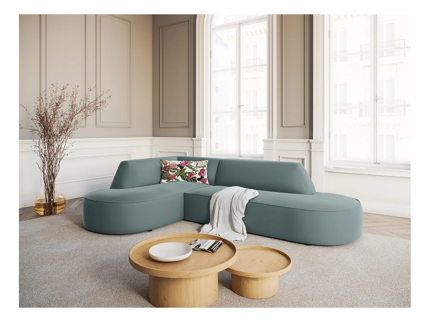 CXL by Christian Lacroix - Linker hoekbank "Charles" 4 zitplaatsen, Flueel, Munt - 273x180x69cm