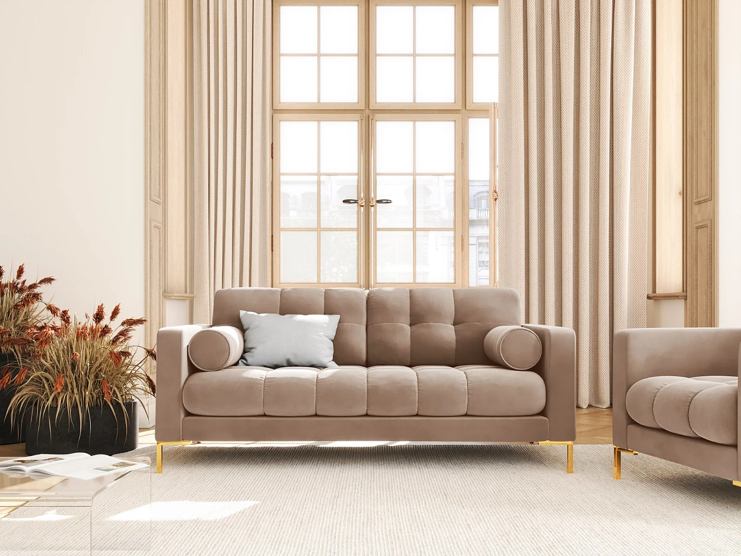Cosmopolitan Design - Canapé "Bali" 2 places en velours beige - 152x92x75cm