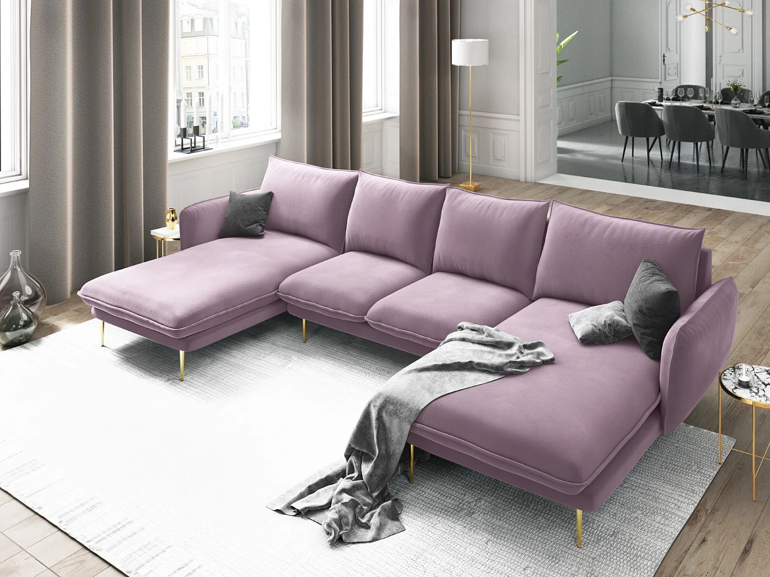 Cosmopolitan Design - Panoramische bank "Vienna" 6 zitplaatsen, Flueel, Lavendel - 350x170x95cm