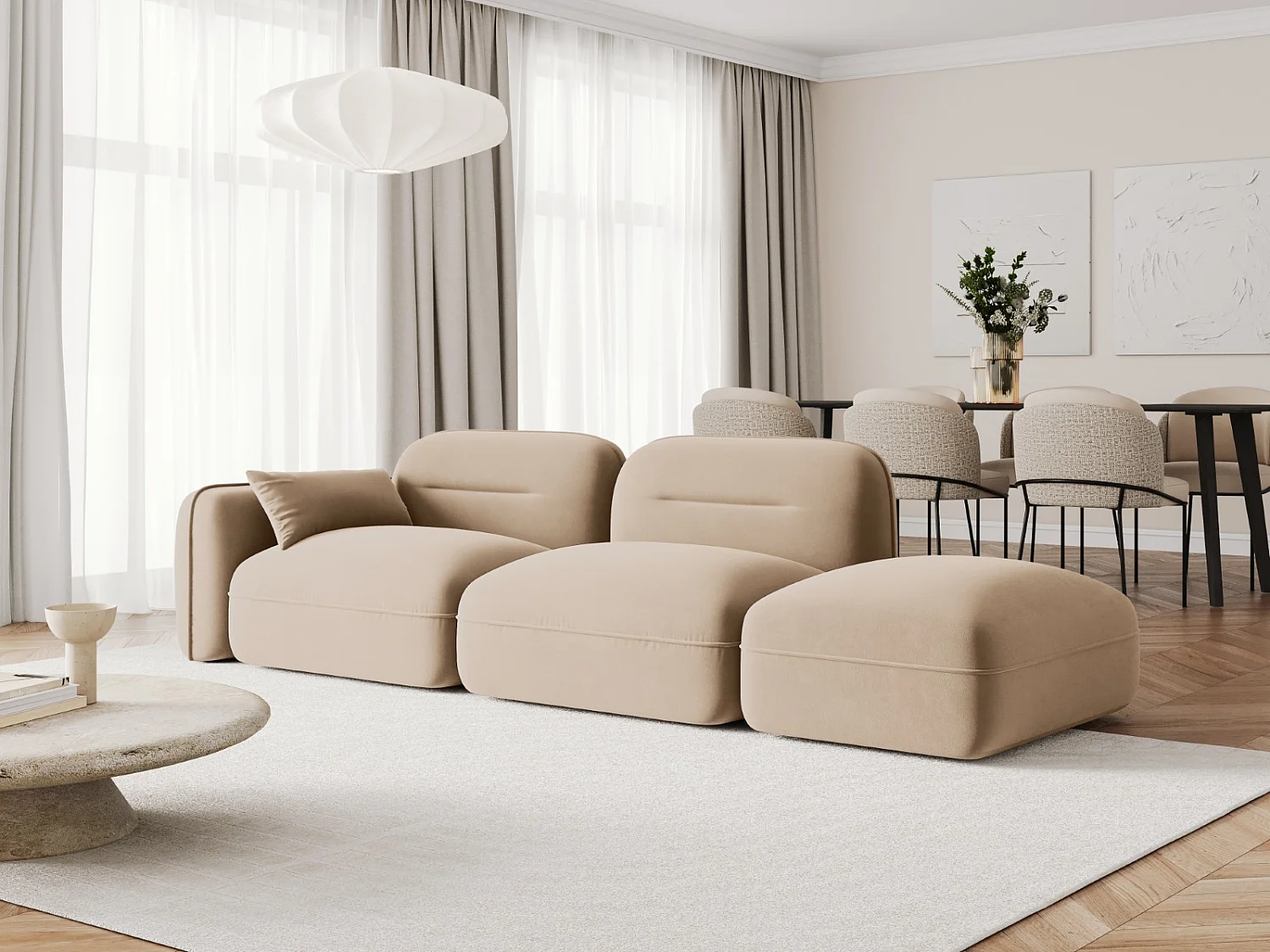 Cosmopolitan Design - 3-Sitzer modulares Sofa rechts "Sydney" aus Samt sandfarben - 295x90x70cm