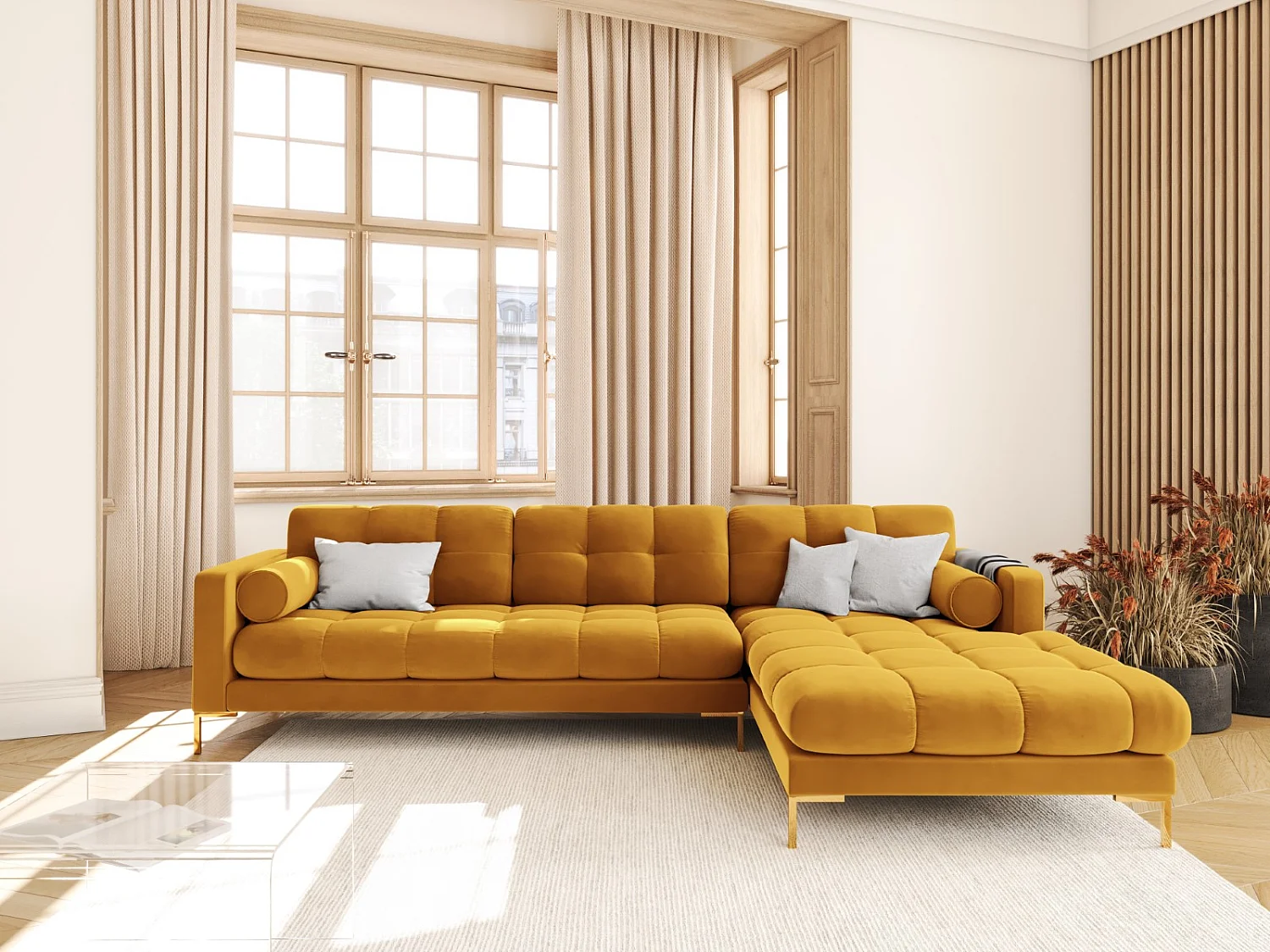 Cosmopolitan Design - Rechter hoekbank "Bali" 5 zitplaatsen, Flueel, GEEL - 293x185x75cm