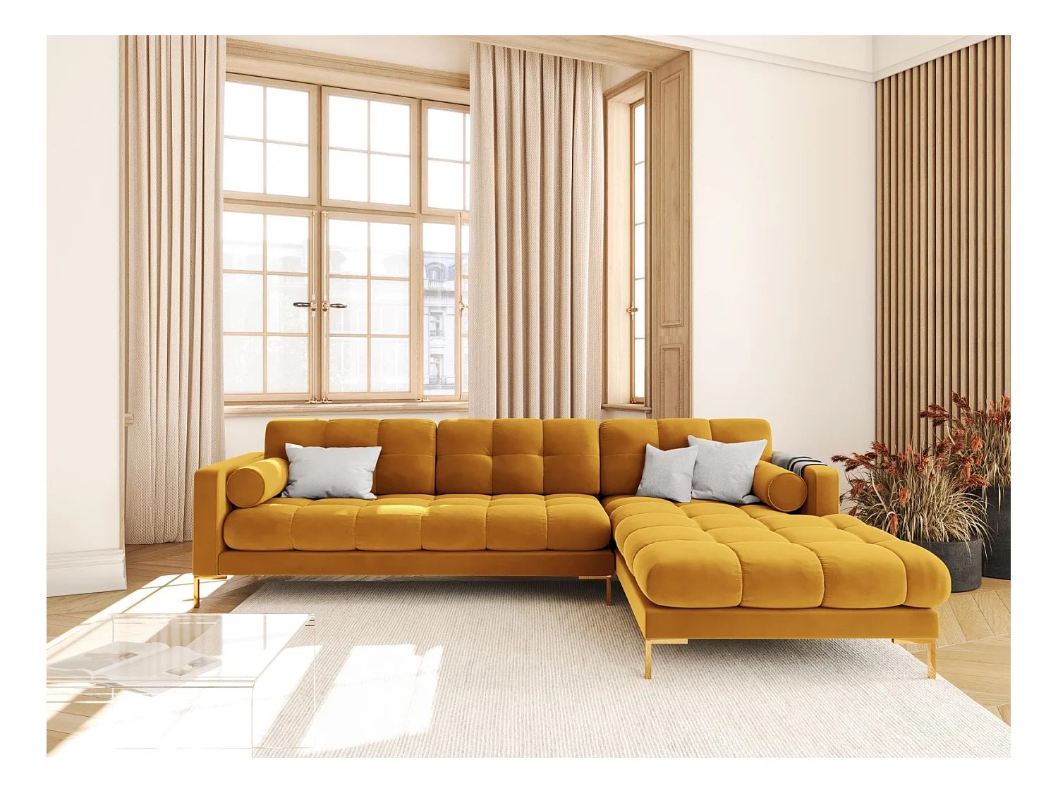 Cosmopolitan Design - Sofá esquinero derecho "Bali" 5 plazas de terciopelo amarillo - 293x185x75cm