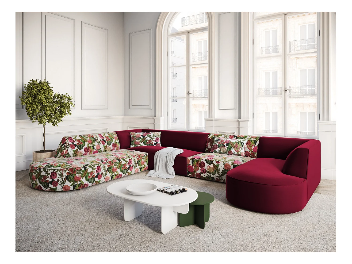 CXL by Christian Lacroix - Panoramische hoekbank links "Charles" 7 zitplaatsen, Flueel, tuinrozenpatroon, rood - 366x273x69cm