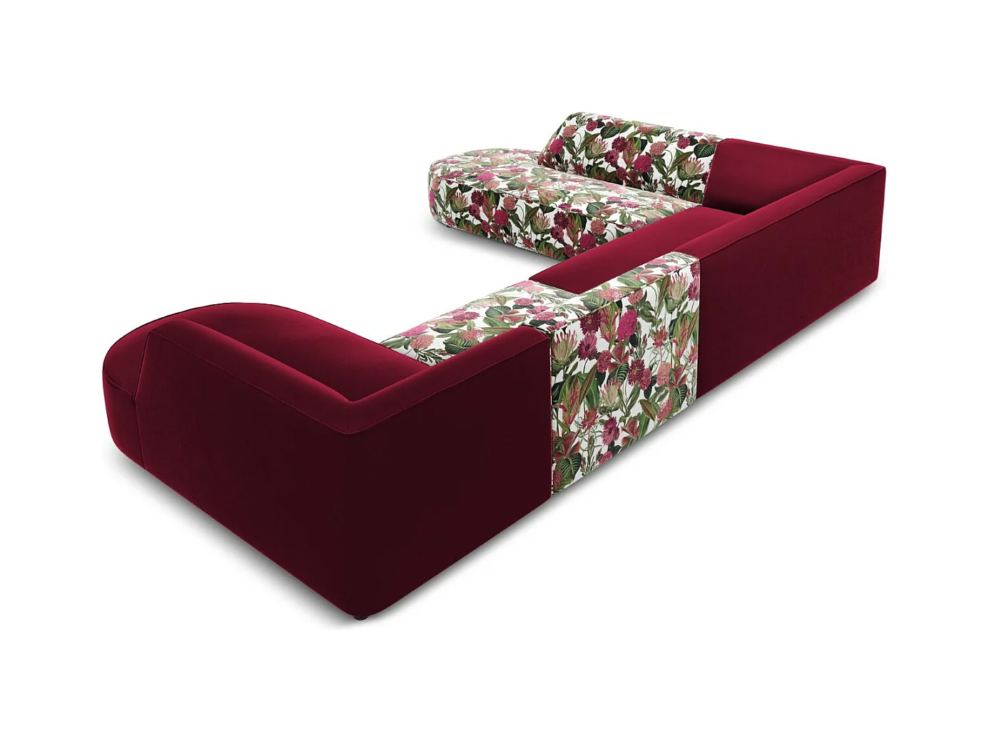 CXL by Christian Lacroix - Panoramische hoekbank links "Charles" 7 zitplaatsen, Flueel, tuinrozenpatroon, rood - 366x273x69cm