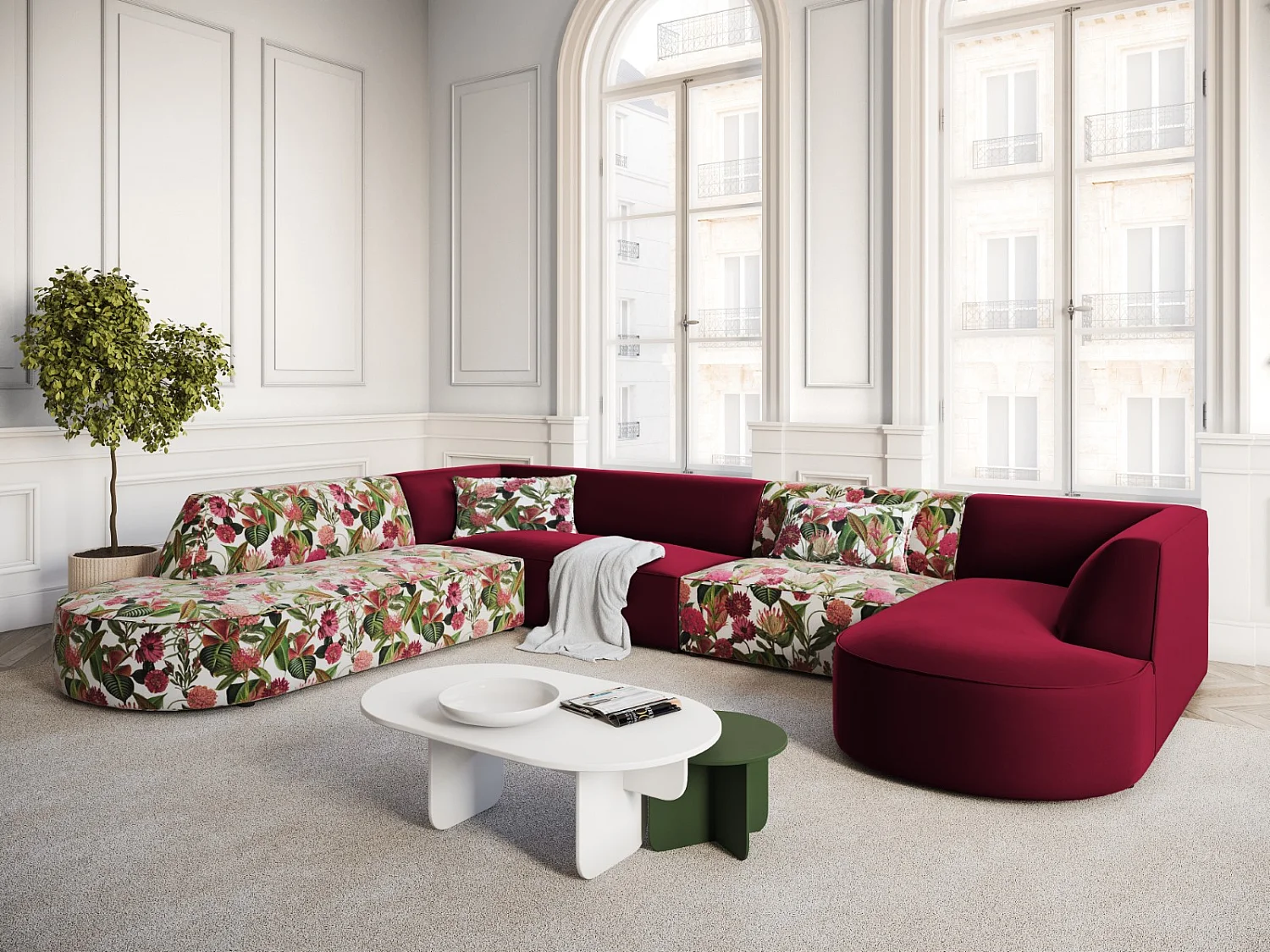 CXL by Christian Lacroix - Panoramische hoekbank links "Charles" 7 zitplaatsen, Flueel, tuinrozenpatroon, rood - 366x273x69cm