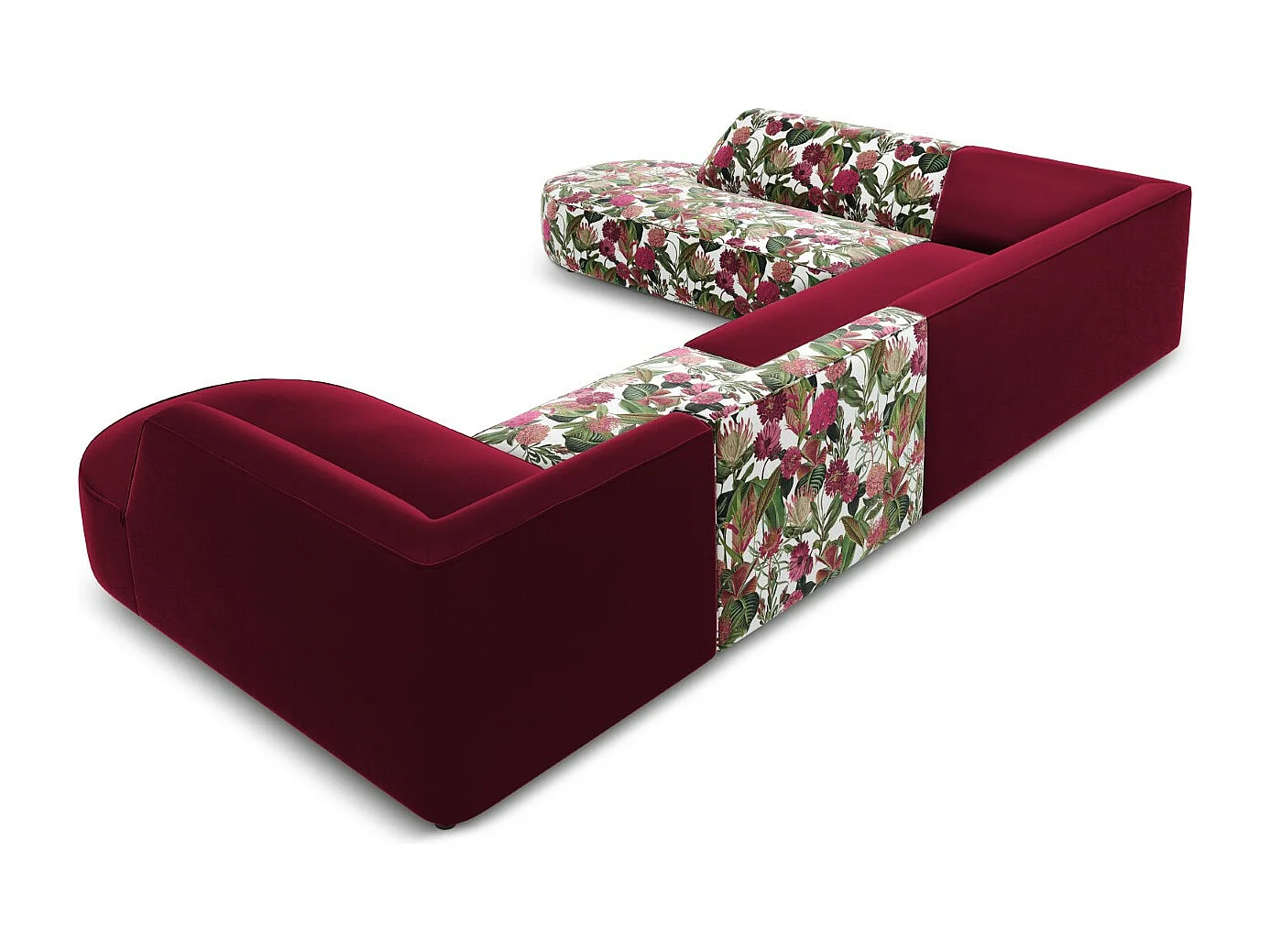 CXL by Christian Lacroix - Panoramische hoekbank links "Charles" 7 zitplaatsen, Flueel, tuinrozenpatroon, rood - 366x273x69cm