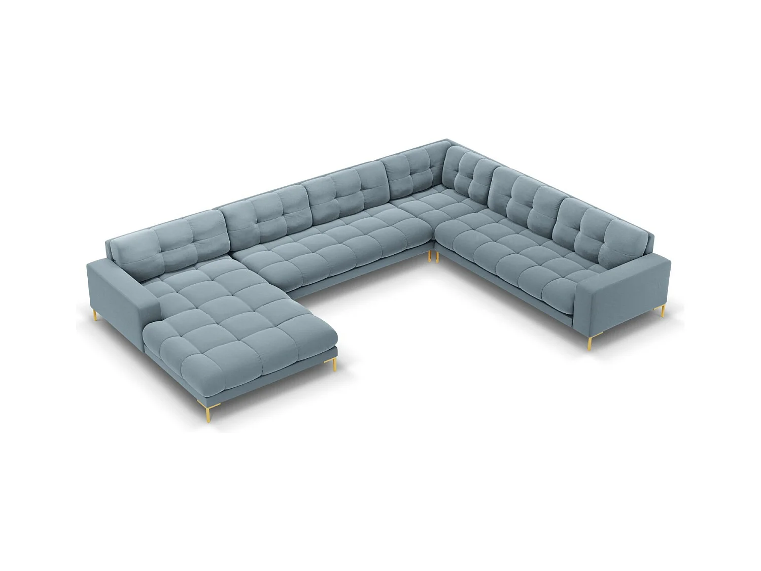 Cosmopolitan Design - Canapé d'angle droit panoramique "Bali" 7 places en velours bleu clair - 327x256x75cm
