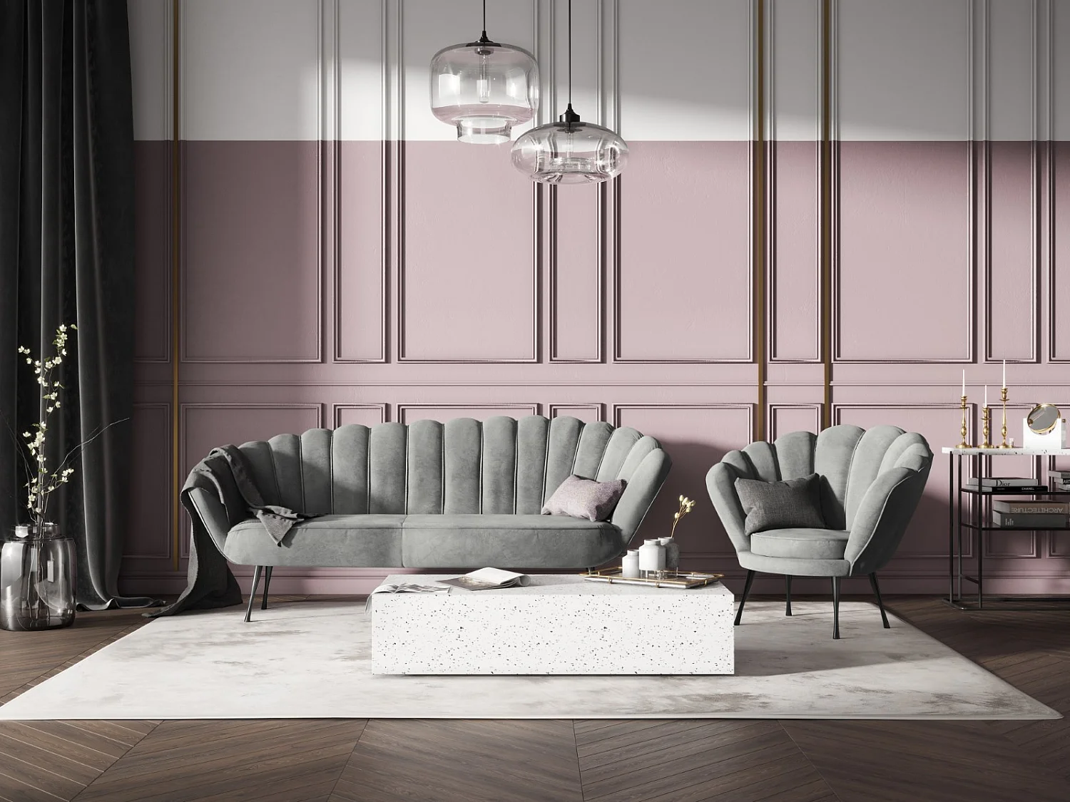 Cosmopolitan Design - Bank "Kingston" 3 zitplaatsen, Flueel, Donkergrijs - 224x95x85cm