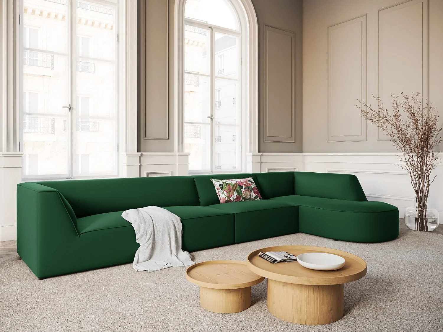 CXL by Christian Lacroix - Sofá de canto direito "Charles" 5 lugares em veludo verde - 366x180x69cm