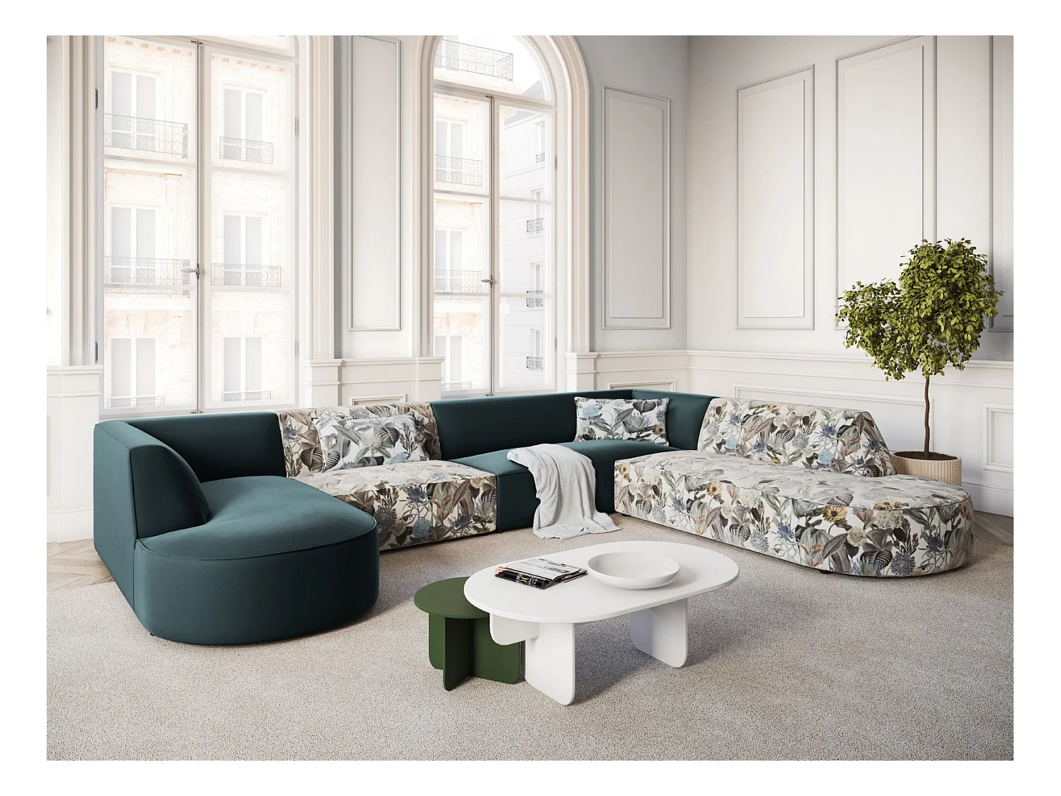 CXL by Christian Lacroix - Panoramische hoekbank rechts "Charles" 7 zitplaatsen, Flueel, lichtblauw tuinpatroon, blauw - 366x273x69cm