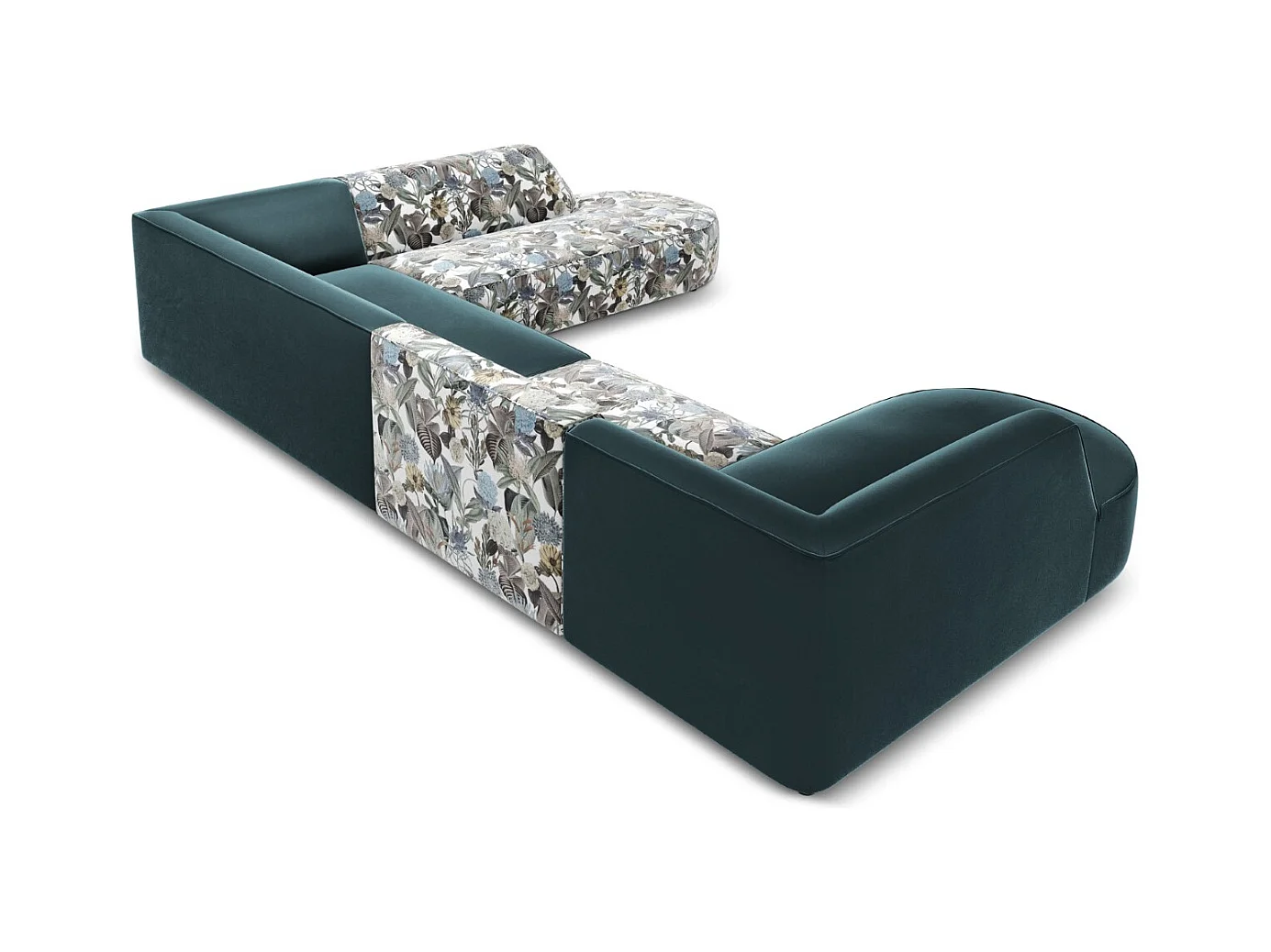 CXL by Christian Lacroix - Panoramische hoekbank rechts "Charles" 7 zitplaatsen, Flueel, lichtblauw tuinpatroon, blauw - 366x273x69cm