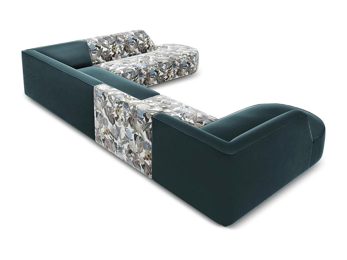 CXL by Christian Lacroix - Panoramische hoekbank rechts "Charles" 7 zitplaatsen, Flueel, lichtblauw tuinpatroon, blauw - 366x273x69cm