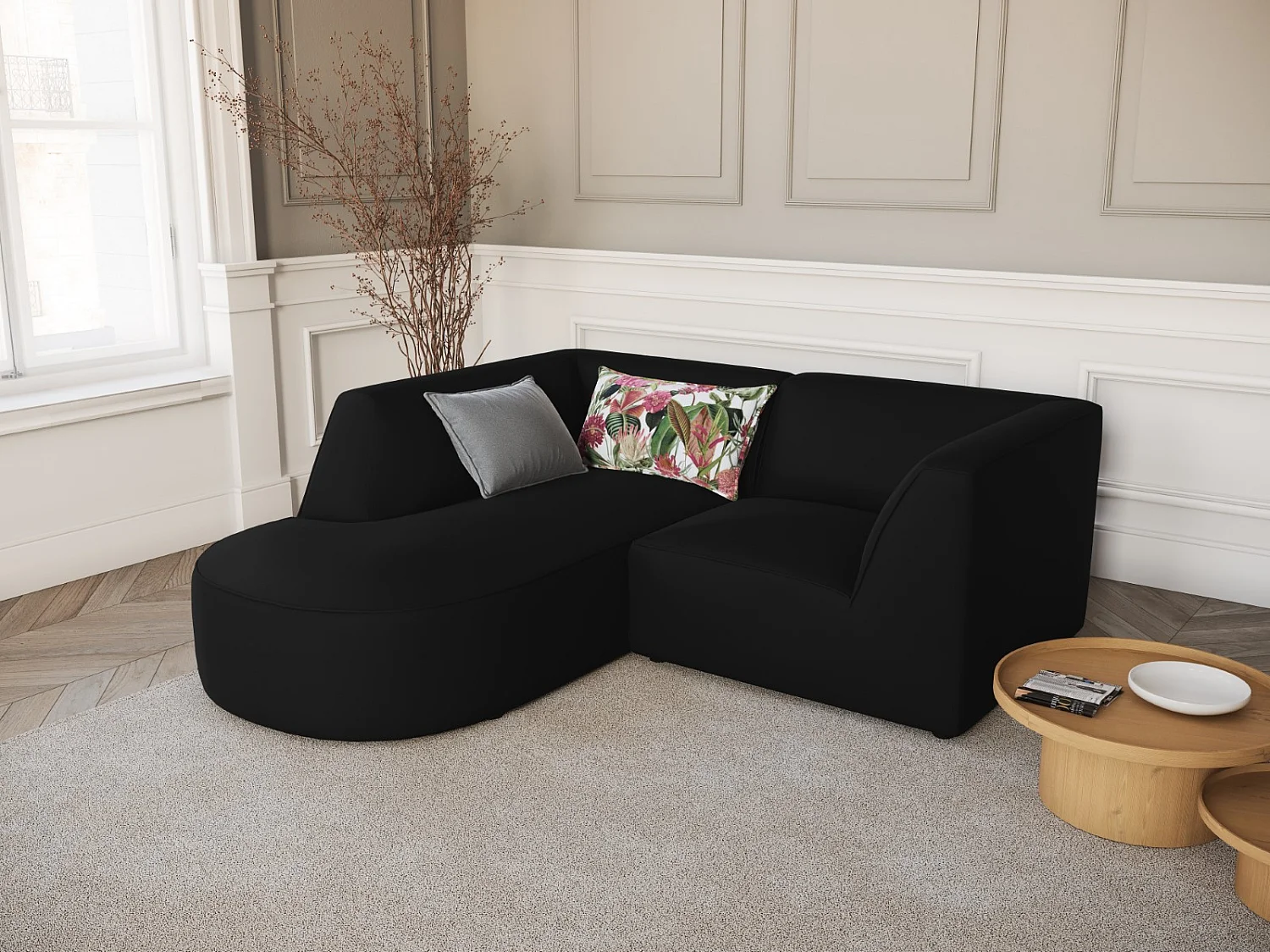 CXL by Christian Lacroix - Narożnik lewy, "Charles" 3 miejsca welur, czarny - 186x180x69cm