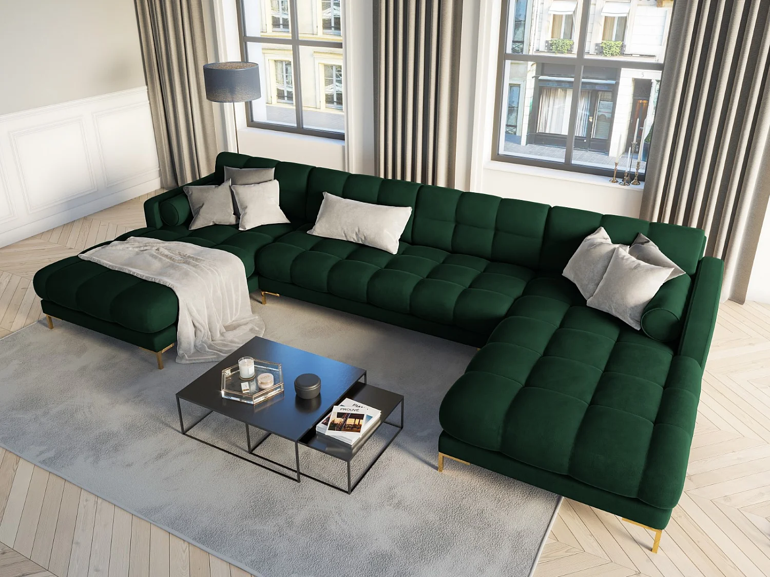 Cosmopolitan Design - Sofá panorâmico "Bali" 7 lugares em veludo verde garrafa - 383x185x75cm