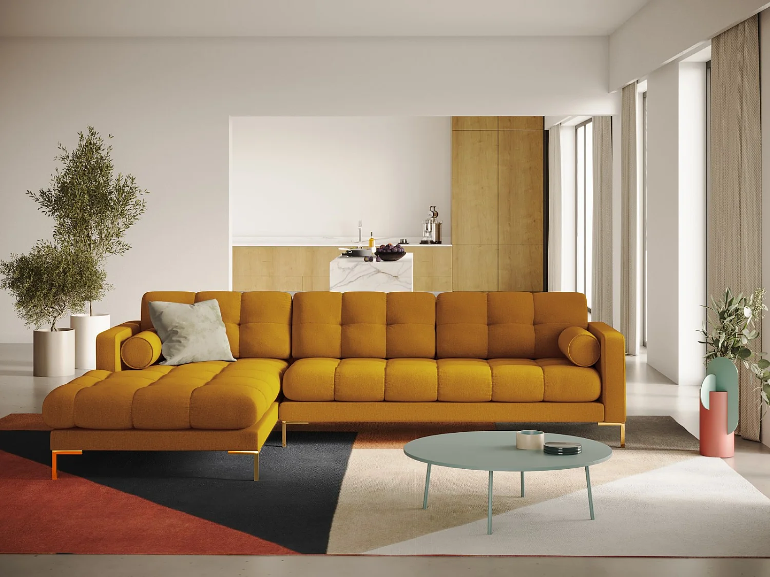 Cosmopolitan Design - 5-Sitzer Ecksofa links "Bali" aus strukturiertem Stoff gelb - 293x185x75cm