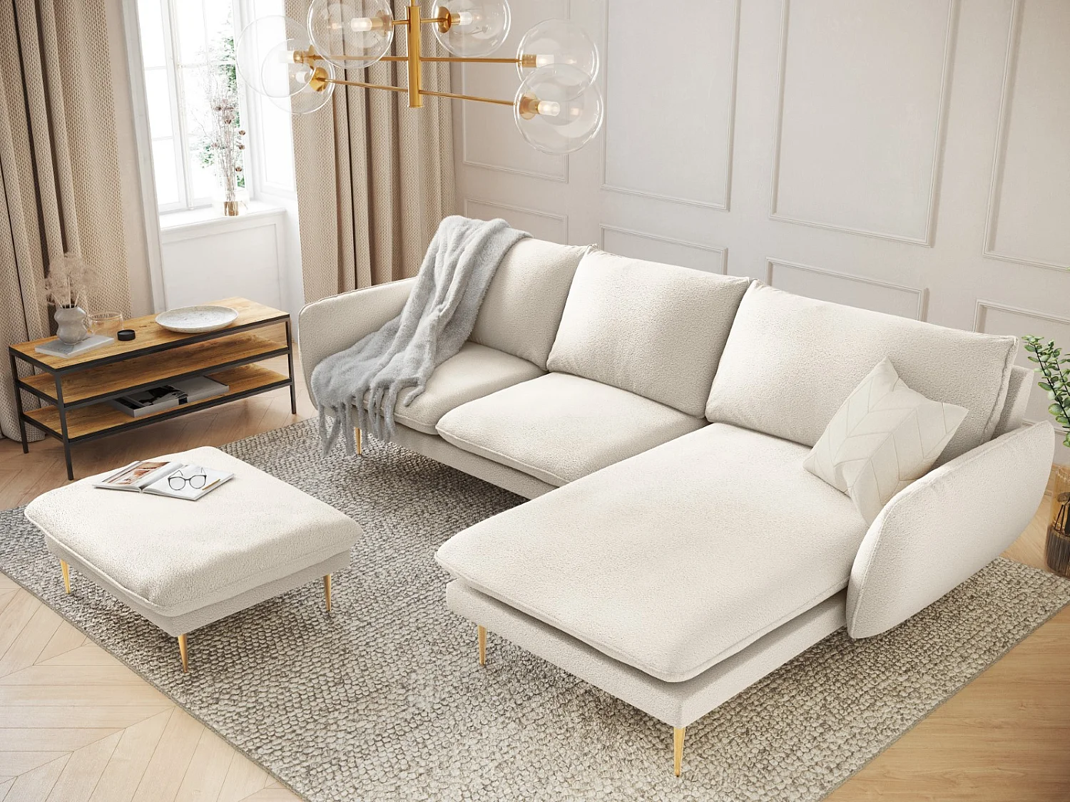 Cosmopolitan Design - Canapé d'angle droit "Vienna" 5 places en bouclé beige - 255x170x95cm