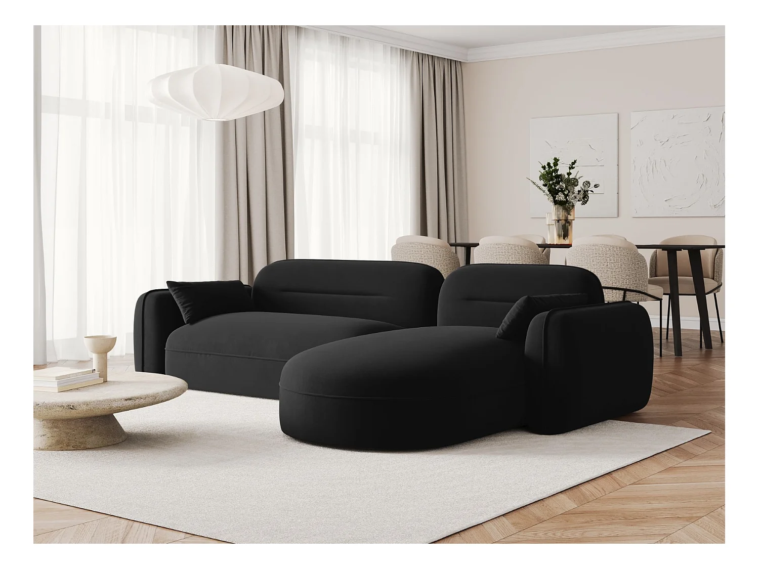 Cosmopolitan Design - Canapé d'angle droit modulable "Sydney" 4 places en velours noir - 275x165x70cm