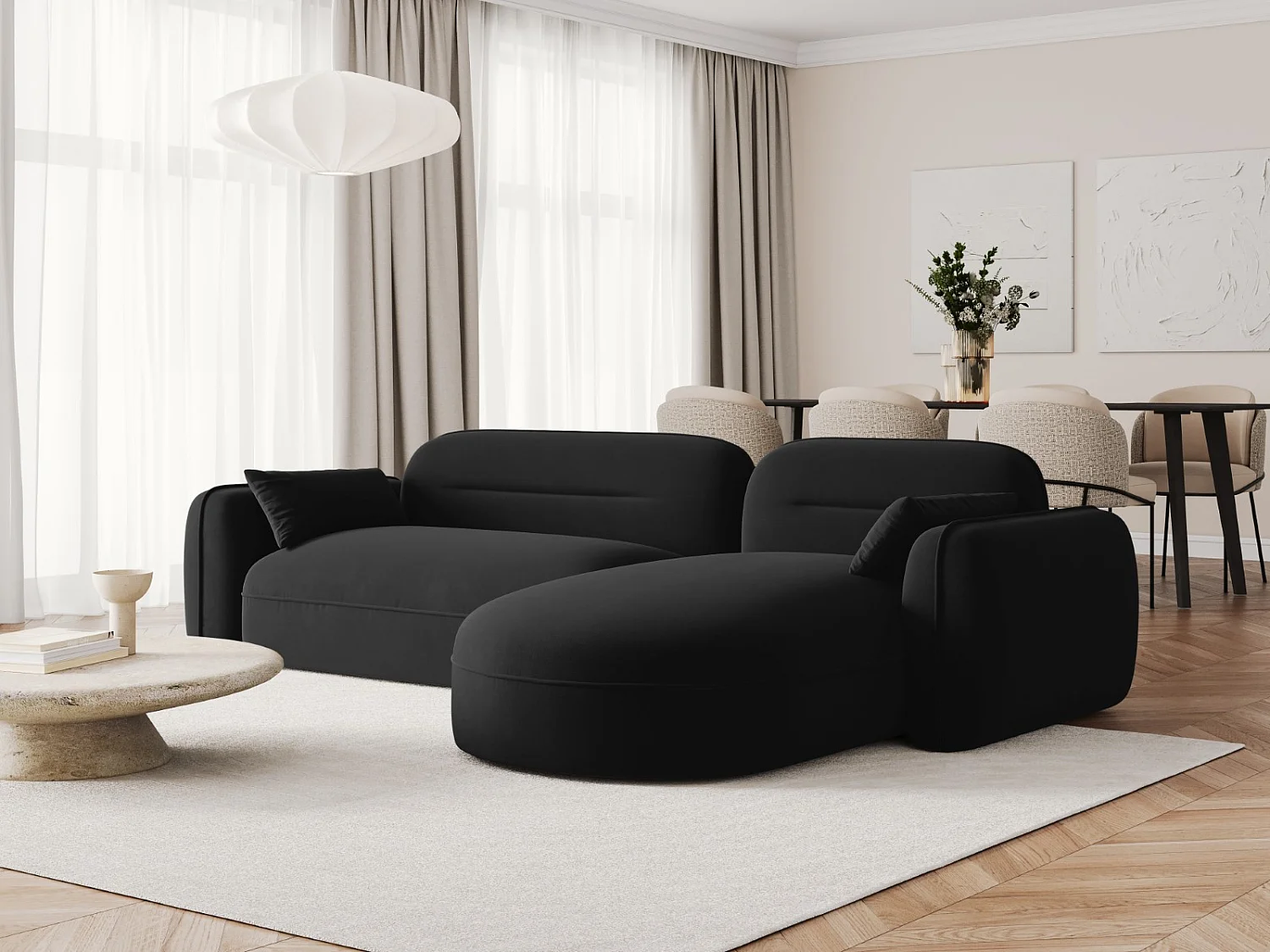 Cosmopolitan Design - Canapé d'angle droit modulable "Sydney" 4 places en velours noir - 275x165x70cm