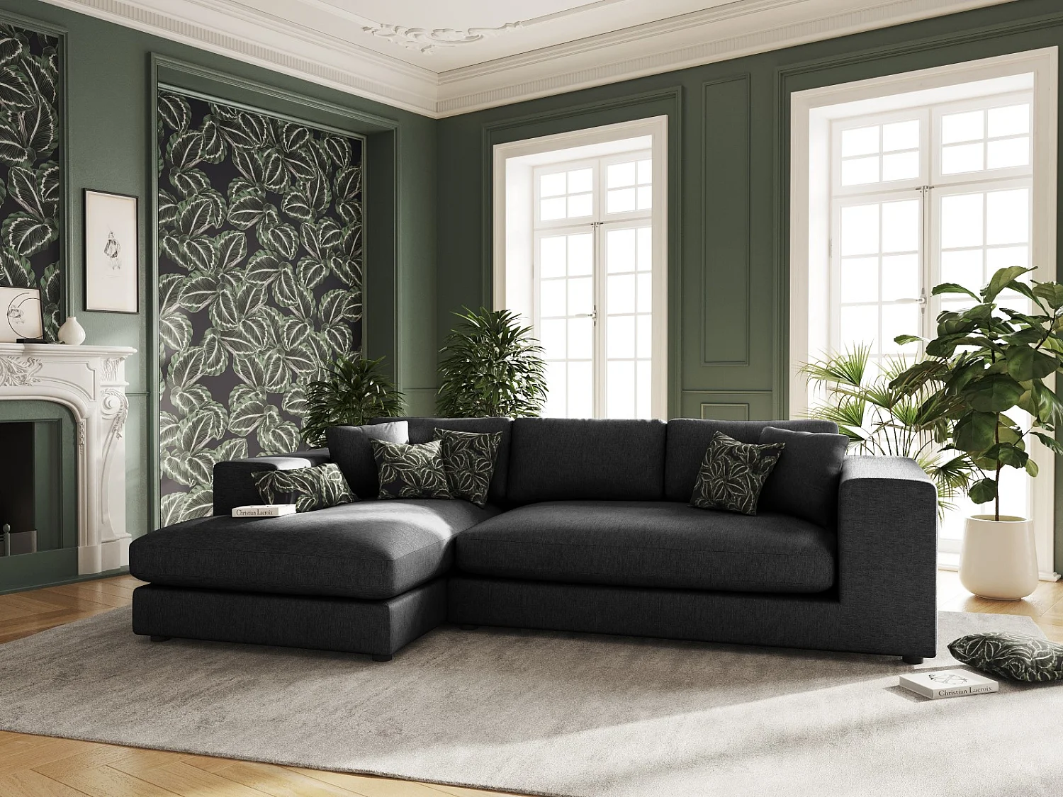 CXL by Christian Lacroix - 5-Sitzer Ecksofa links "Tendance" Sitzer aus strukturiertem Stoff schwarz - 282x174x72cm